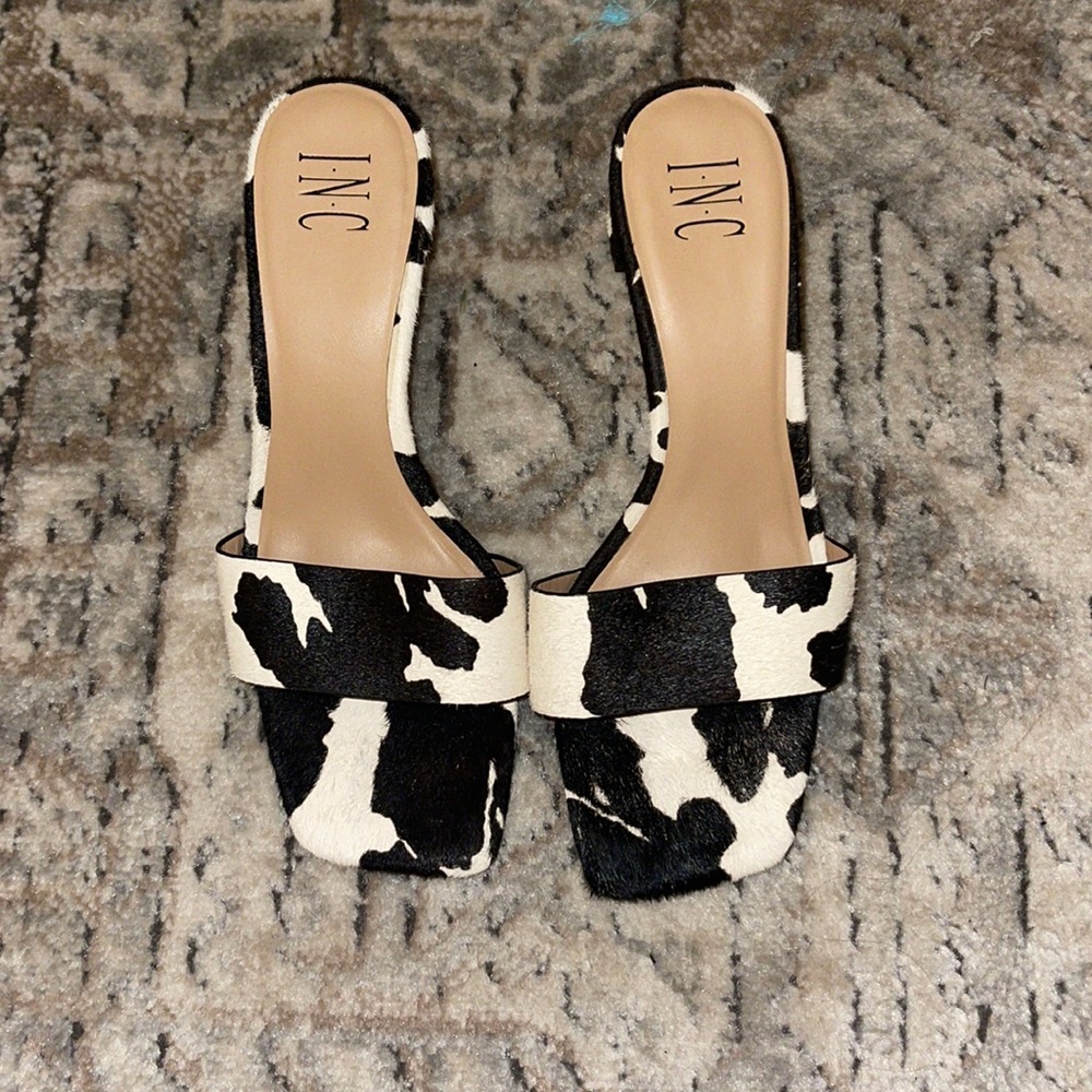 INC COW PRINT MULE SANDALS